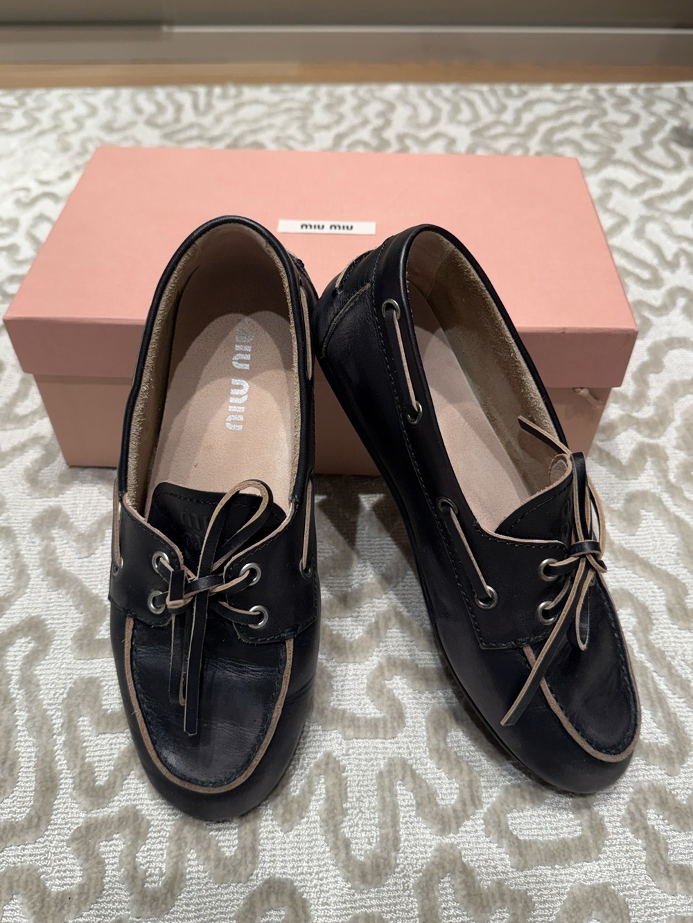 Miu Miu Black Leather Lace-Up Boat Loafers with Tan Trim